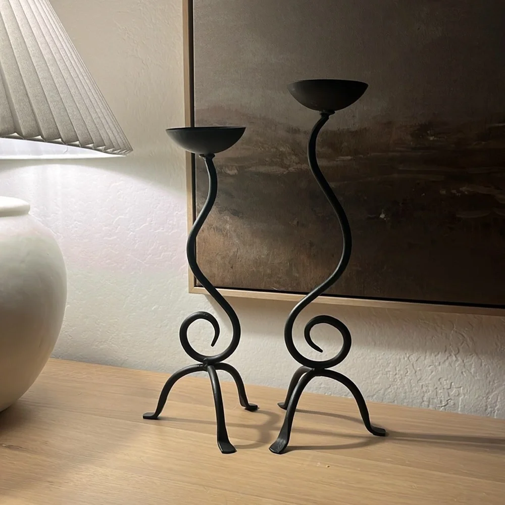 Vintage Black Metal Wrought Iron Scroll Spiral Candle Holders